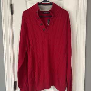 NAUTICA Size XL Red Sweater CABLE KNIT Logo DRESSY Button Up‎ NEW